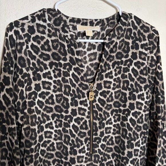 Michael Kors Blouse Women's XS Cheetah V-Neck Long Sleeve Zipper Career Shirt - Picture 2 of 8